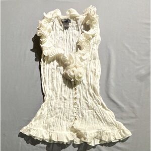 Poetry Clothing White Crinkle Ruffle Sleeveless Blouse Rosette Button Top Small